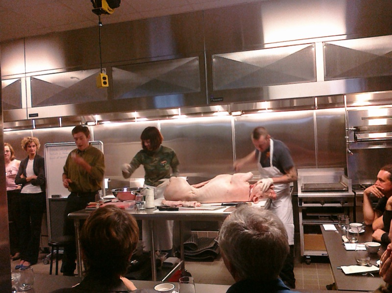 A whole hog laid out on a steel table in a teaching kitchen while seated guests watch.